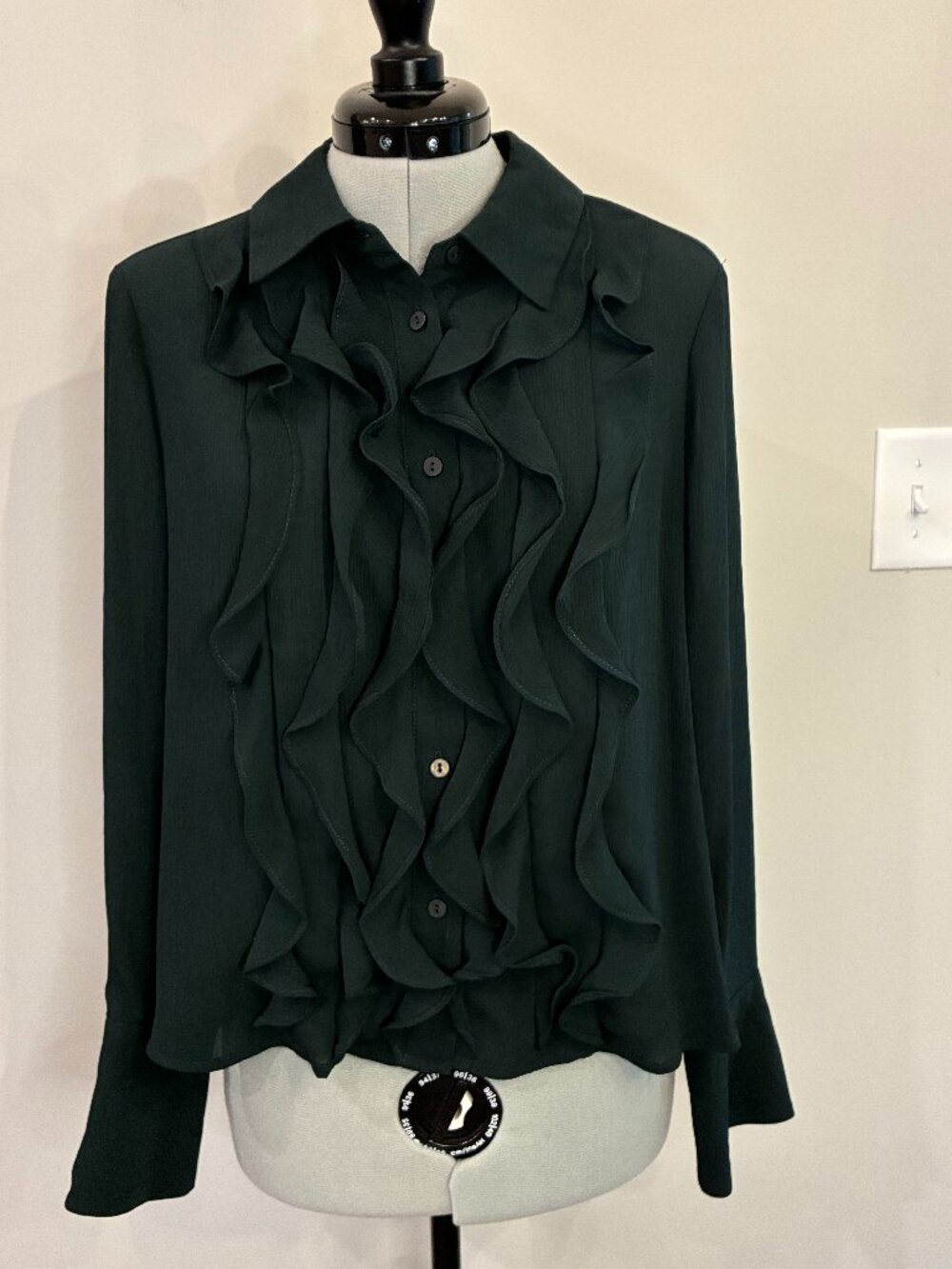 Adrianna Papell Forest Green Ruffle Front Button Down Blouse Size S